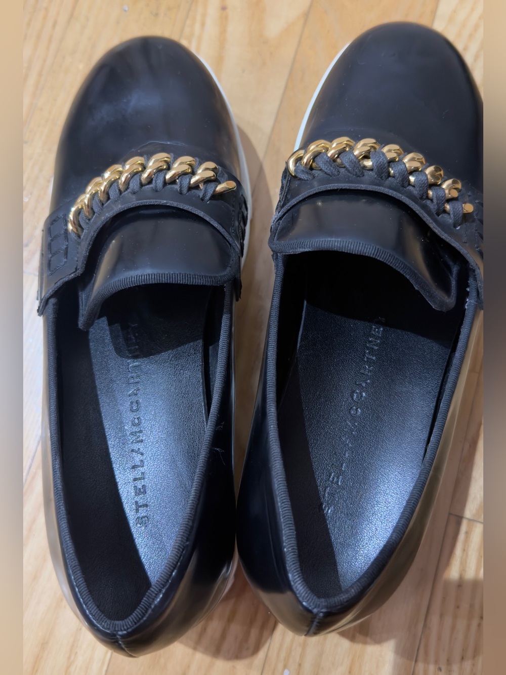 Stella McCartney Black Platform Slip-On with Gold Chain Trim